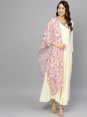 Ahalyaa Women's Cream Crepe kurta With Printed Dupatta Set