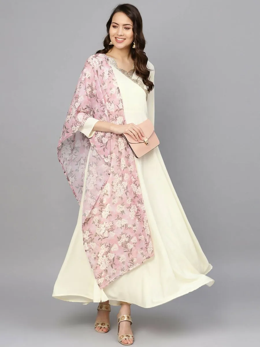 Ahalyaa Women's Cream Crepe kurta With Printed Dupatta Set