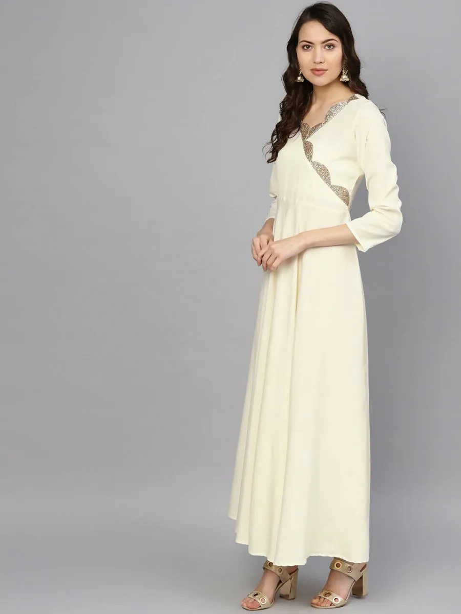 Ahalyaa Women's Cream Crepe kurta With Printed Dupatta Set