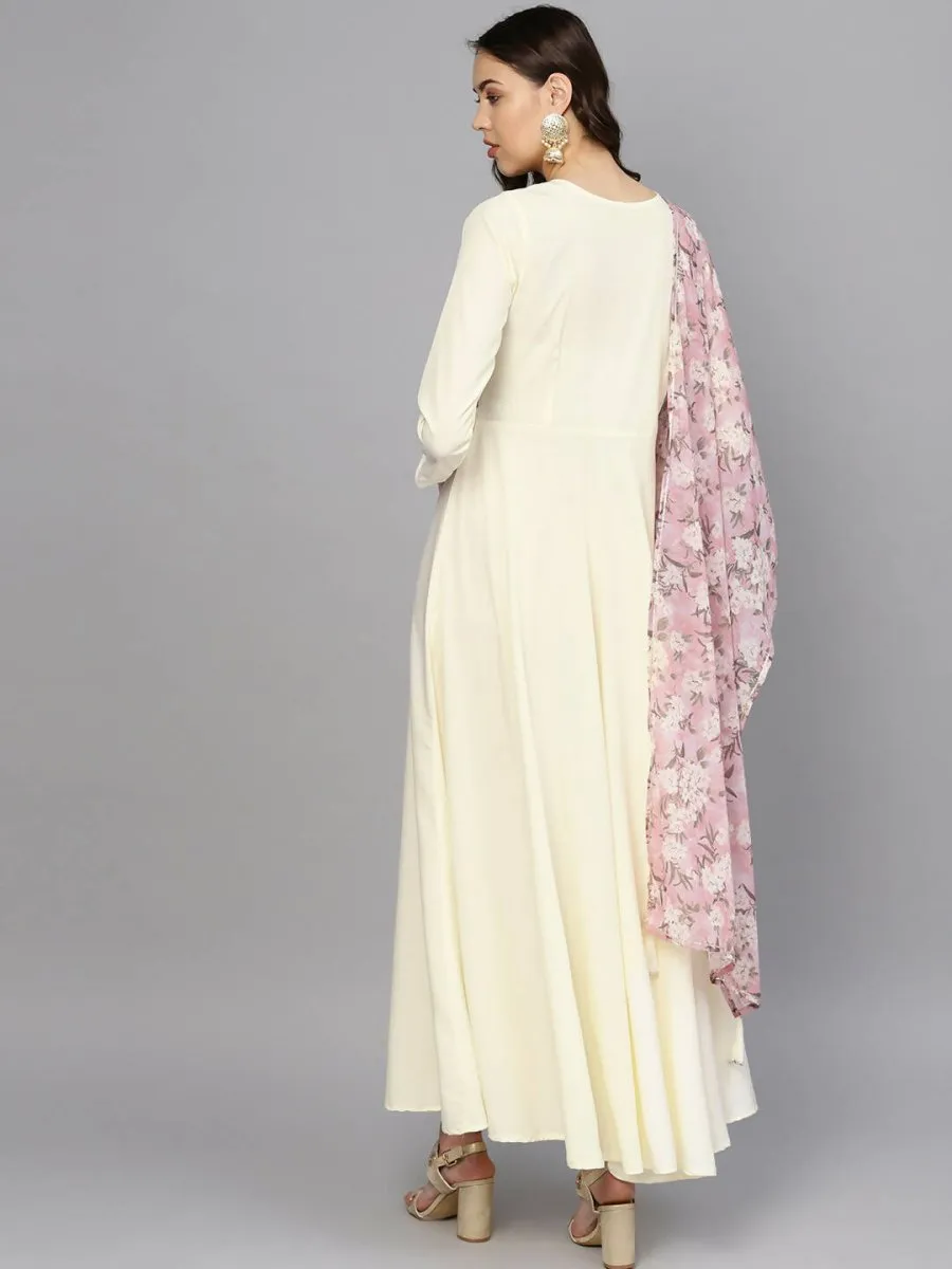 Ahalyaa Women's Cream Crepe kurta With Printed Dupatta Set