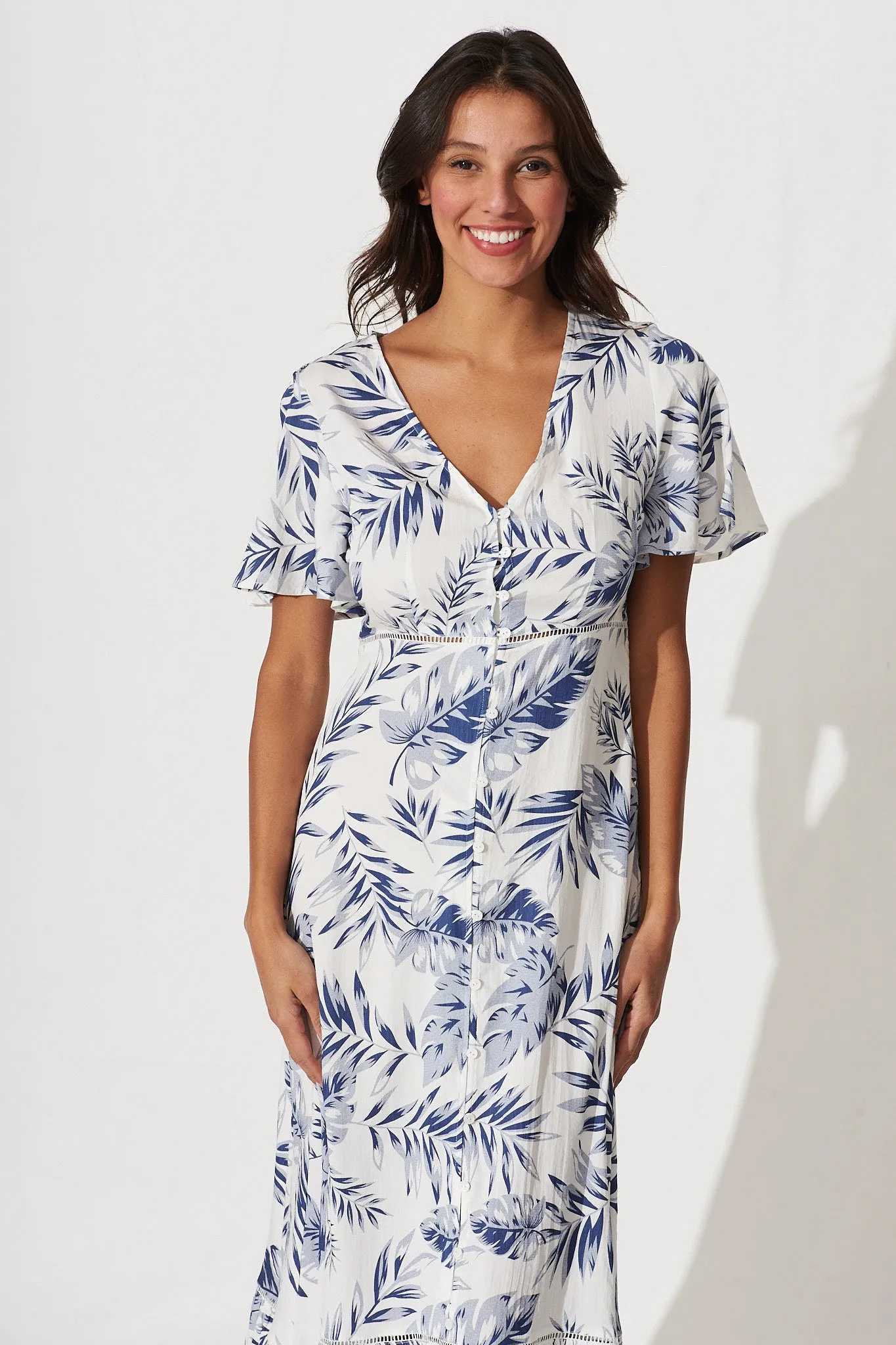 April Maxi Dress In White With Blue Leaf Print Cotton Blend