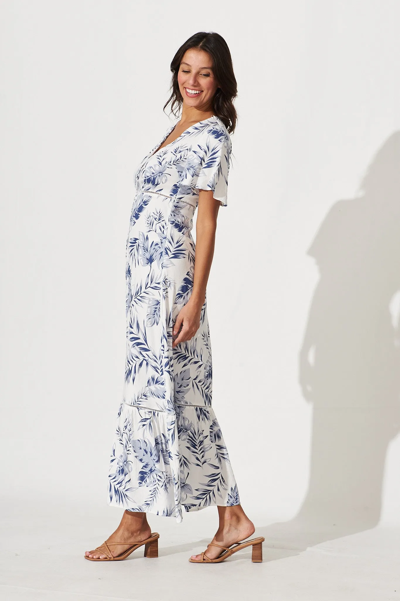 April Maxi Dress In White With Blue Leaf Print Cotton Blend