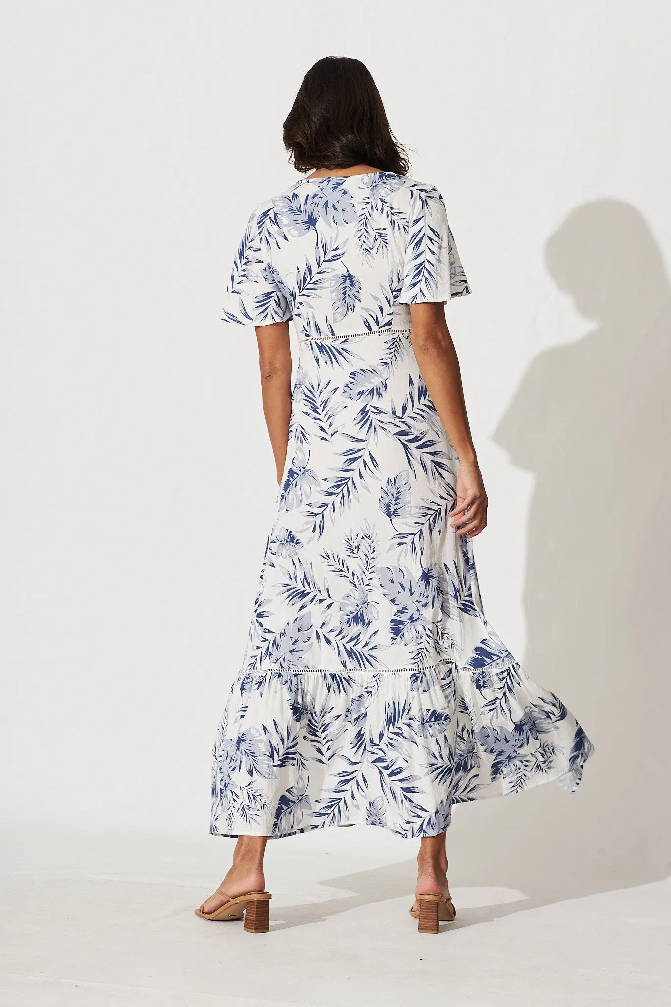 April Maxi Dress In White With Blue Leaf Print Cotton Blend
