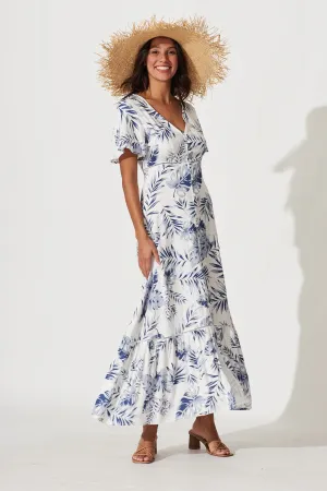 April Maxi Dress In White With Blue Leaf Print Cotton Blend