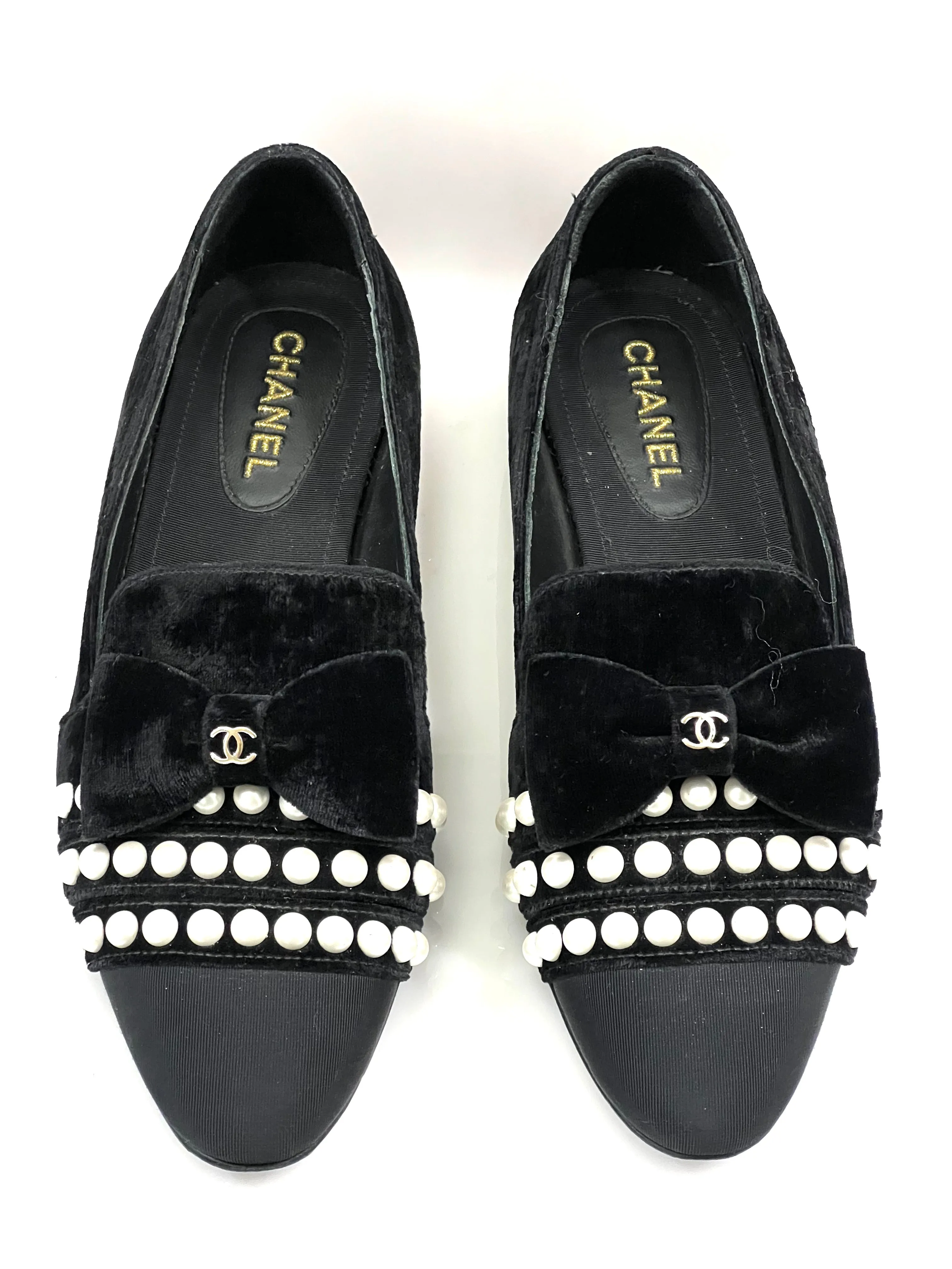 CHANEL VELVET GROSGRAIN PEARLS MOCCASIN LOAFERS