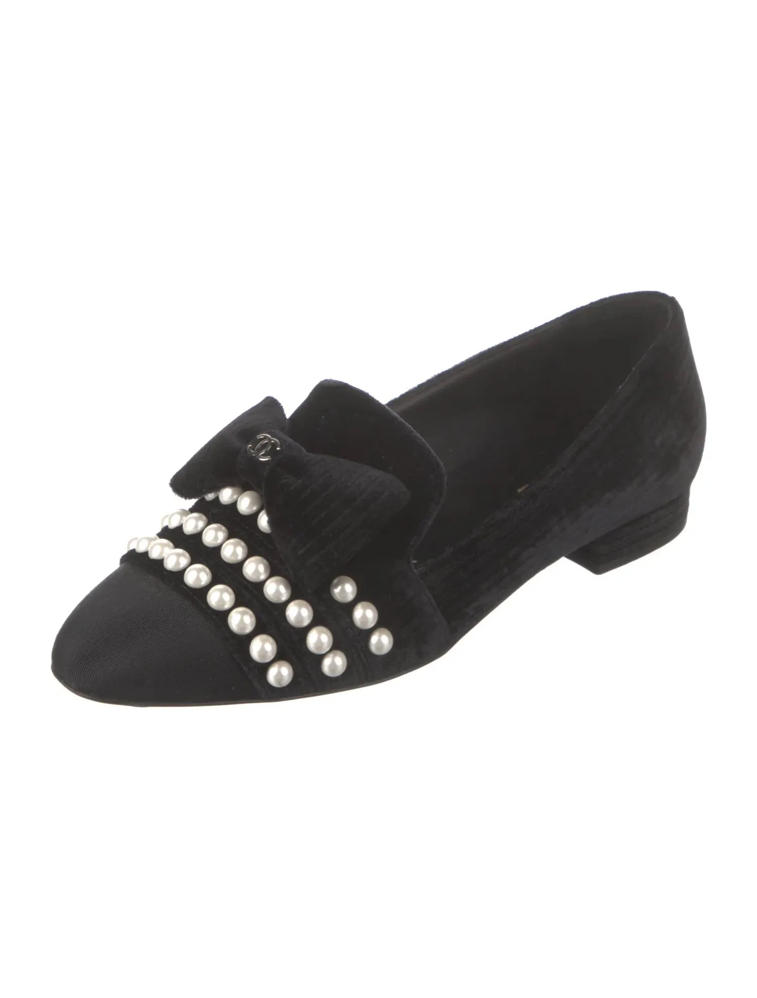CHANEL VELVET GROSGRAIN PEARLS MOCCASIN LOAFERS