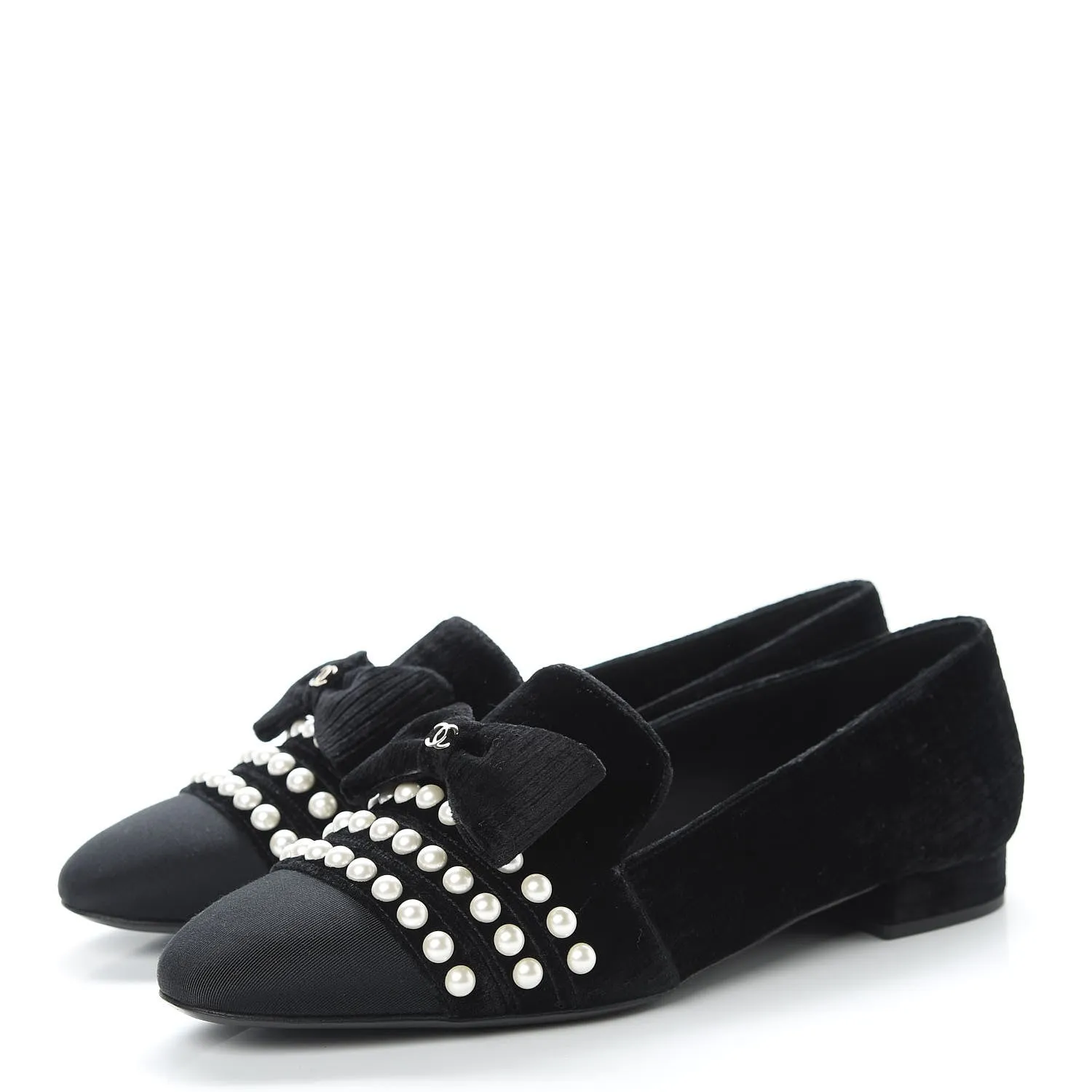 CHANEL VELVET GROSGRAIN PEARLS MOCCASIN LOAFERS