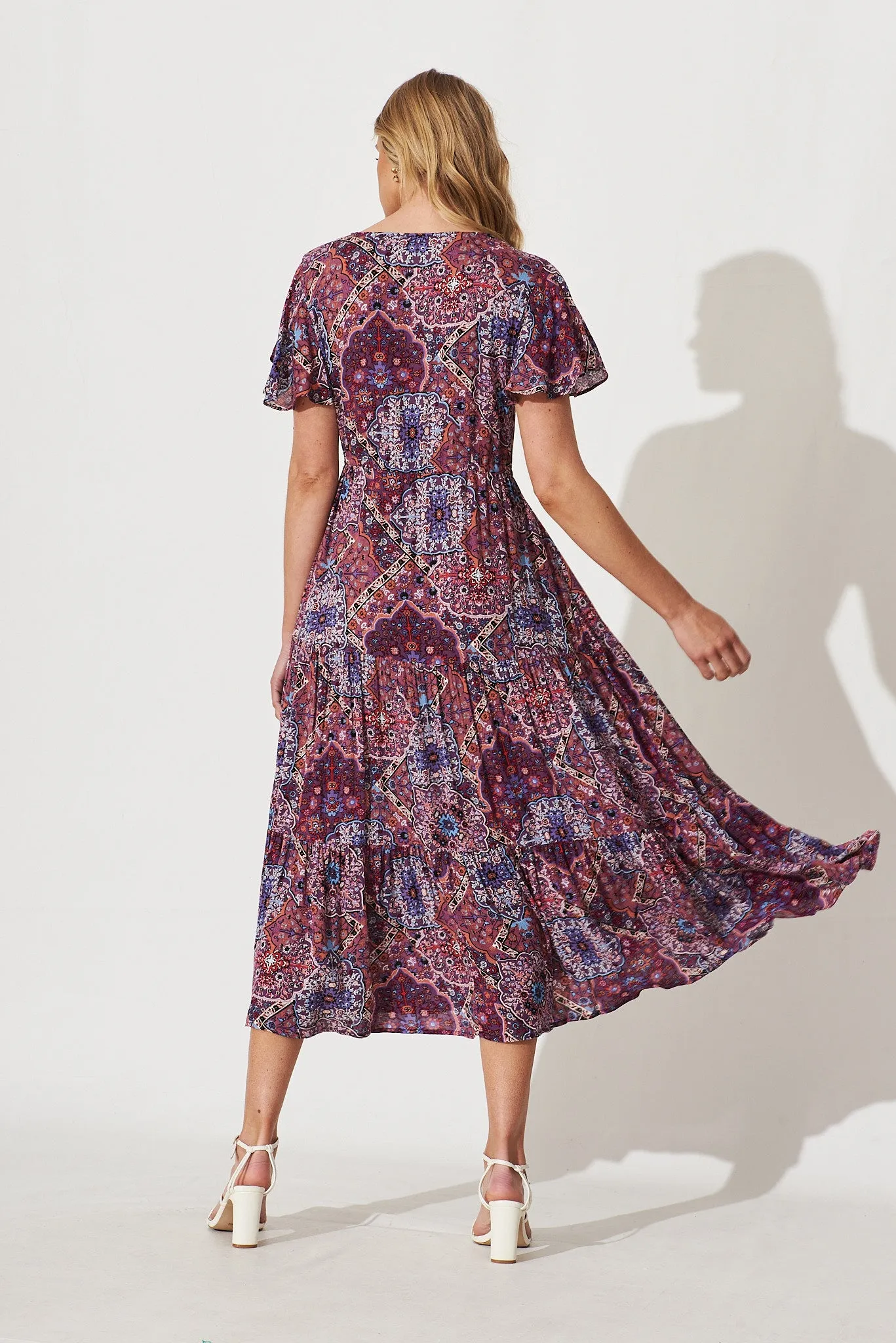 Dolly Midi Dress In Purple With Multi Boho Print