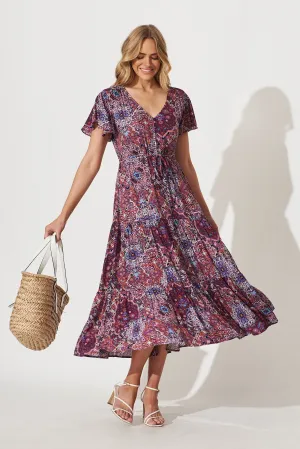Dolly Midi Dress In Purple With Multi Boho Print