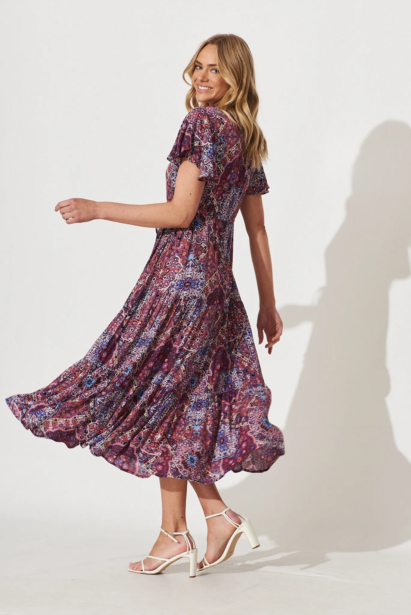 Dolly Midi Dress In Purple With Multi Boho Print