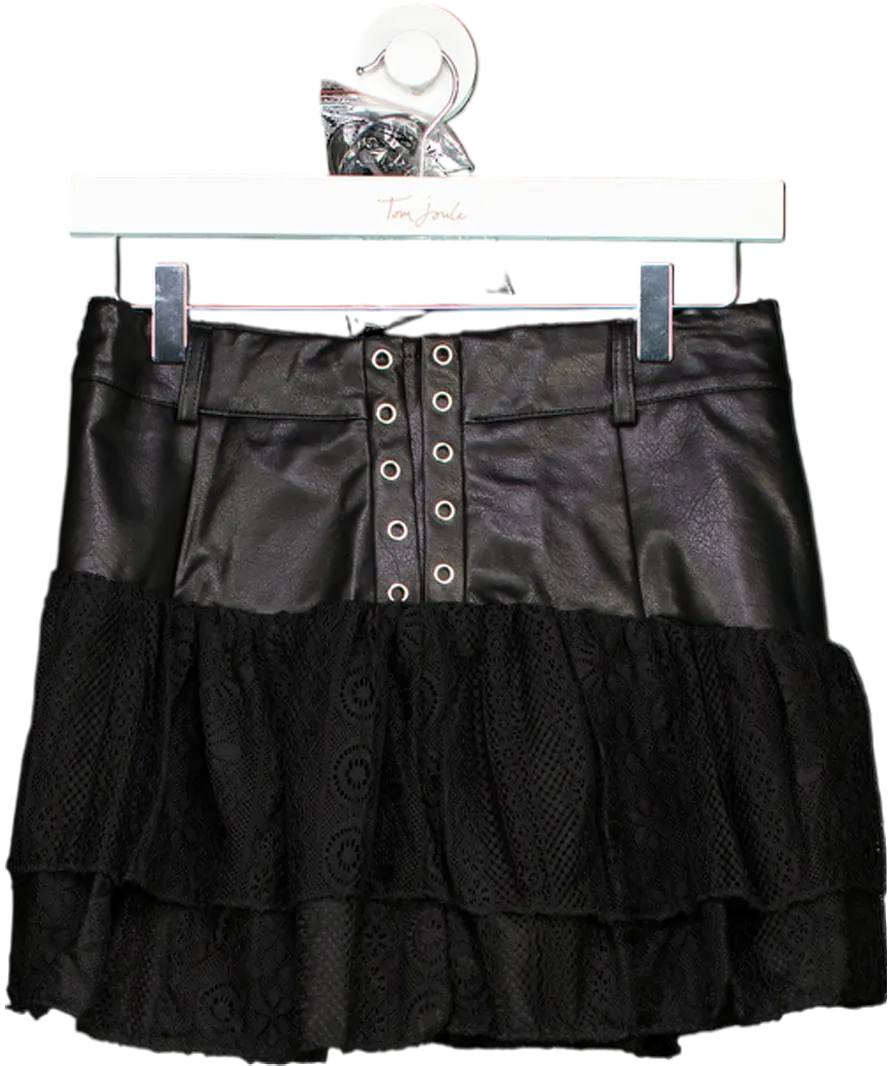 Ego Black High Waist Lace Up Detail Textured Frill Hem Mini Skirtb UK M