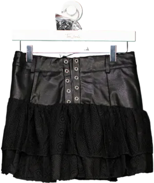 Ego Black High Waist Lace Up Detail Textured Frill Hem Mini Skirtb UK M