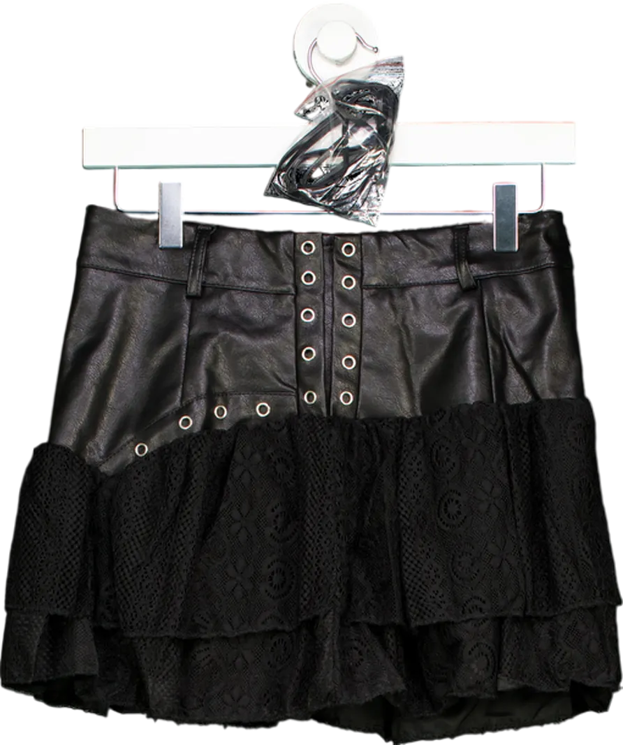 Ego Black High Waist Lace Up Detail Textured Frill Hem Mini Skirtb UK M