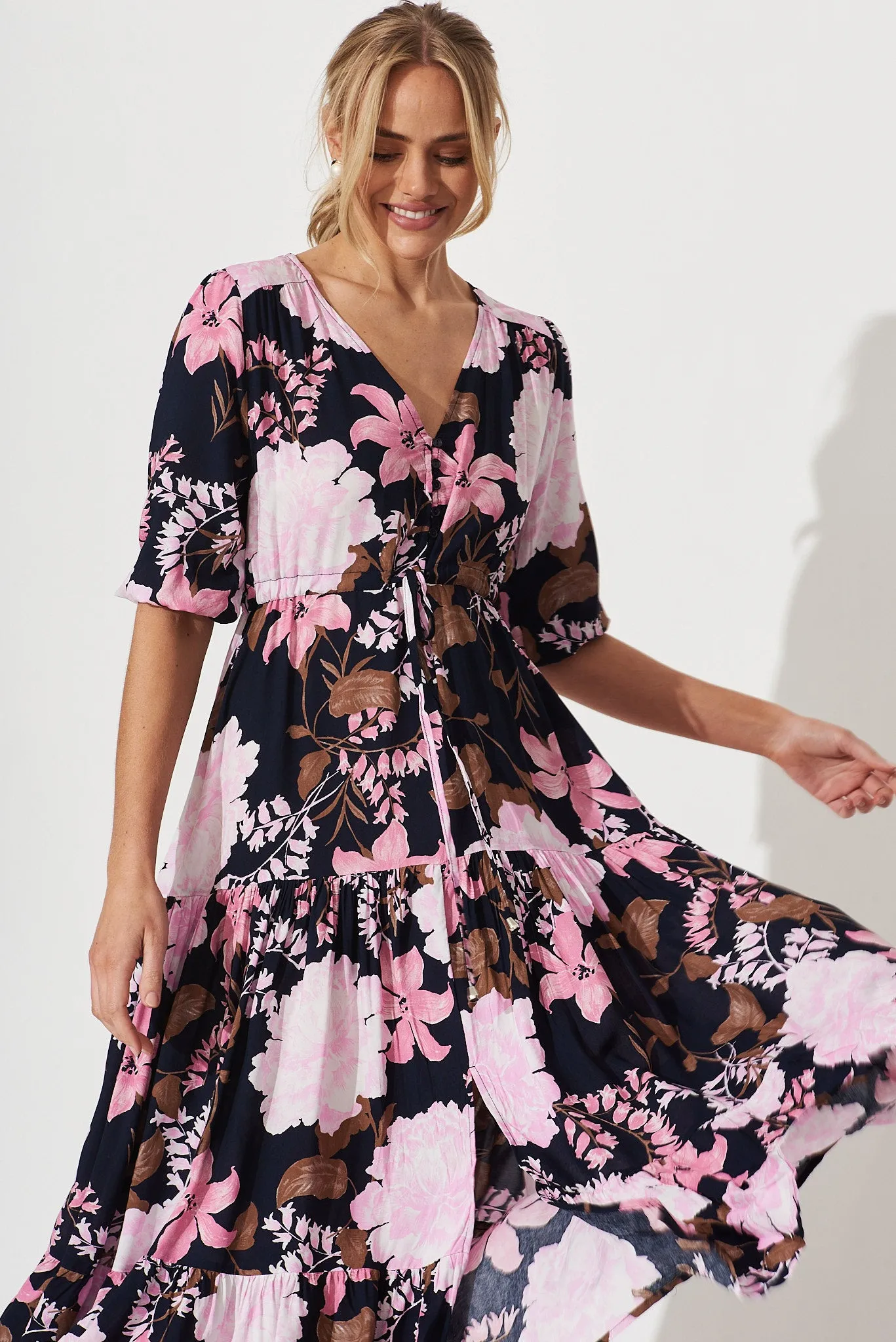 Emilia Maxi Dress In Navy With Pink And Lilac Floral