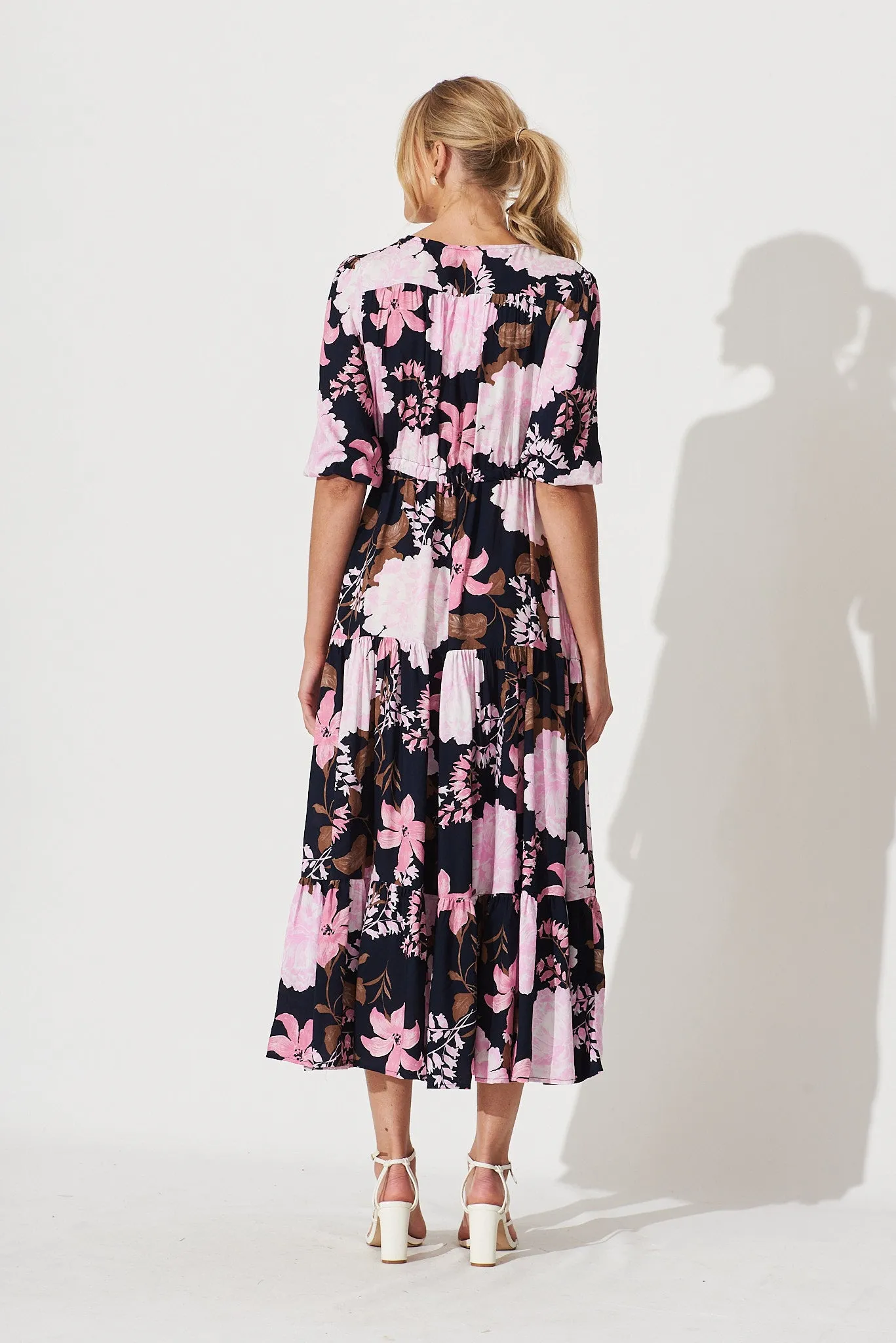Emilia Maxi Dress In Navy With Pink And Lilac Floral