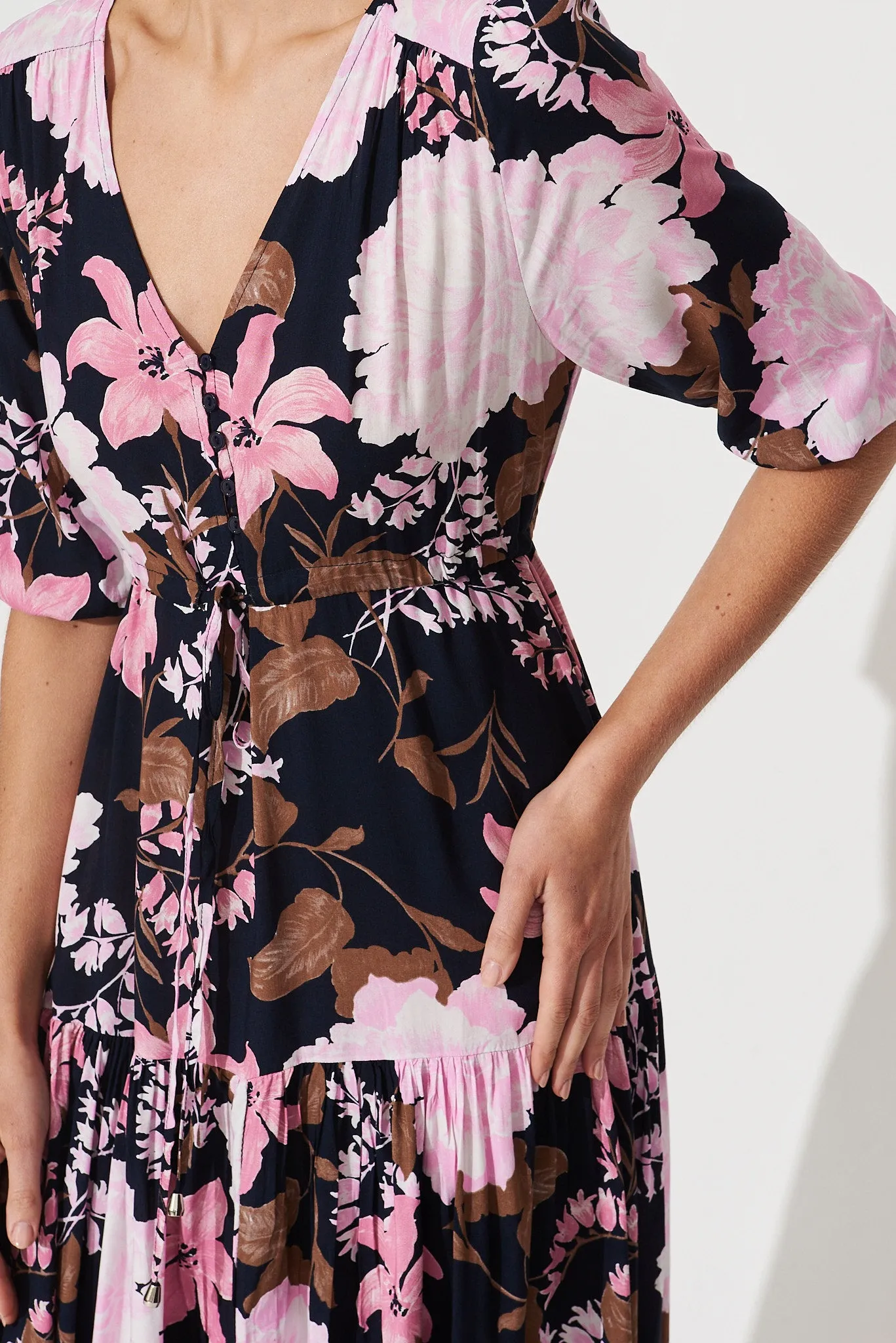 Emilia Maxi Dress In Navy With Pink And Lilac Floral