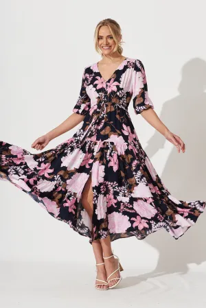 Emilia Maxi Dress In Navy With Pink And Lilac Floral