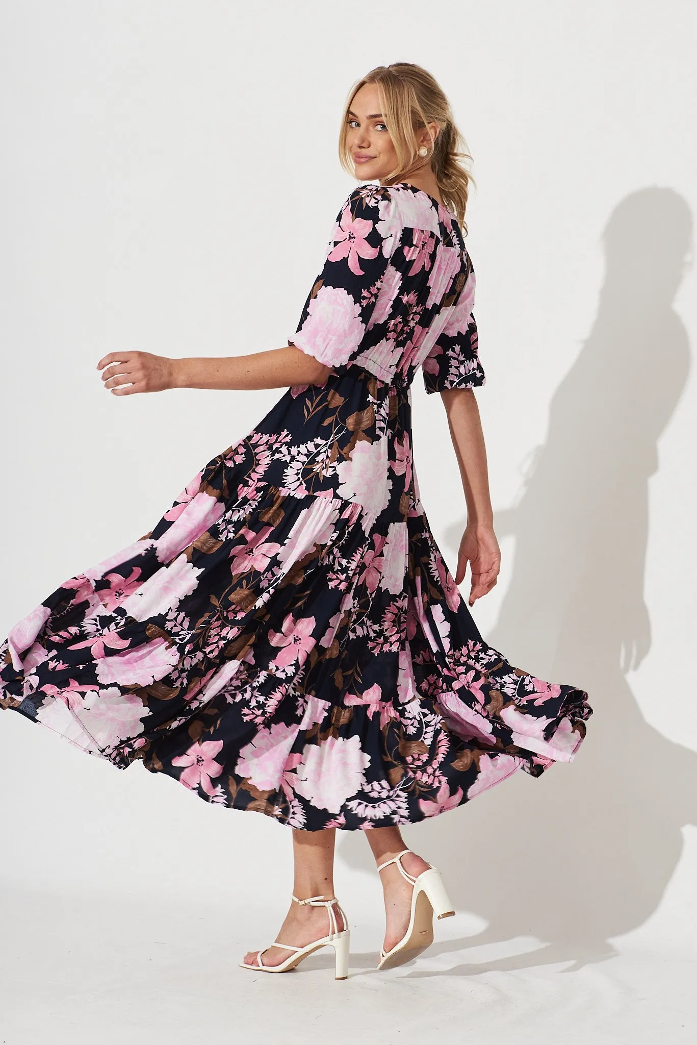 Emilia Maxi Dress In Navy With Pink And Lilac Floral