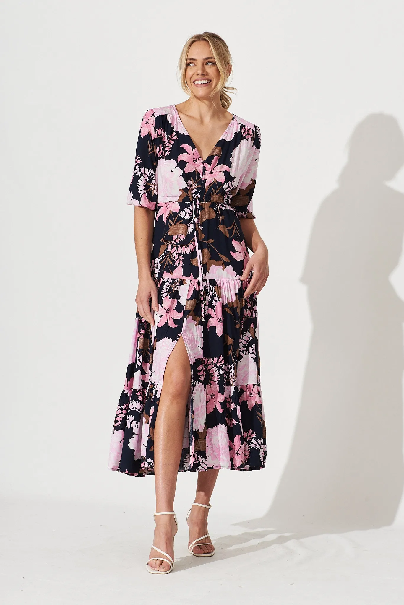 Emilia Maxi Dress In Navy With Pink And Lilac Floral
