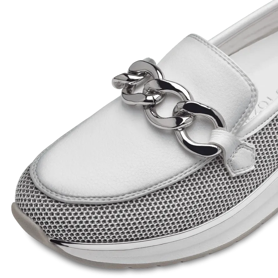 Marco Tozzi White Loafer with Silver Chain Detail and Wedge Sole