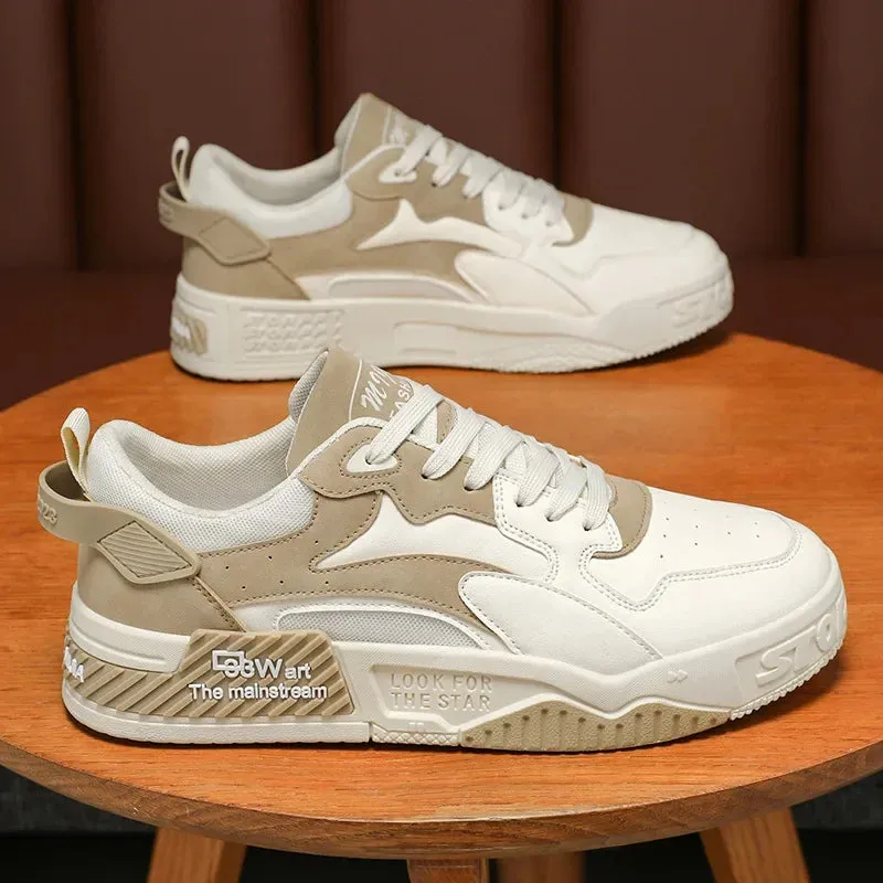 New Men's White Casual Sneakers – Trendy Comfortable Platform Lace-Up Shoes for Autumn