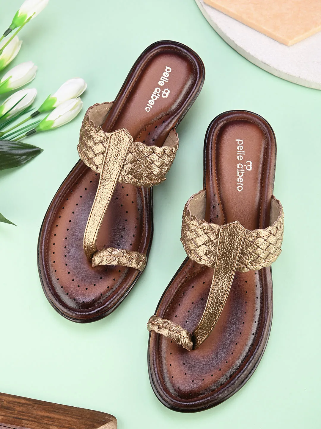 Pelle Albero Women's Copper Leather Slip-On Wedge Heel Sandals
