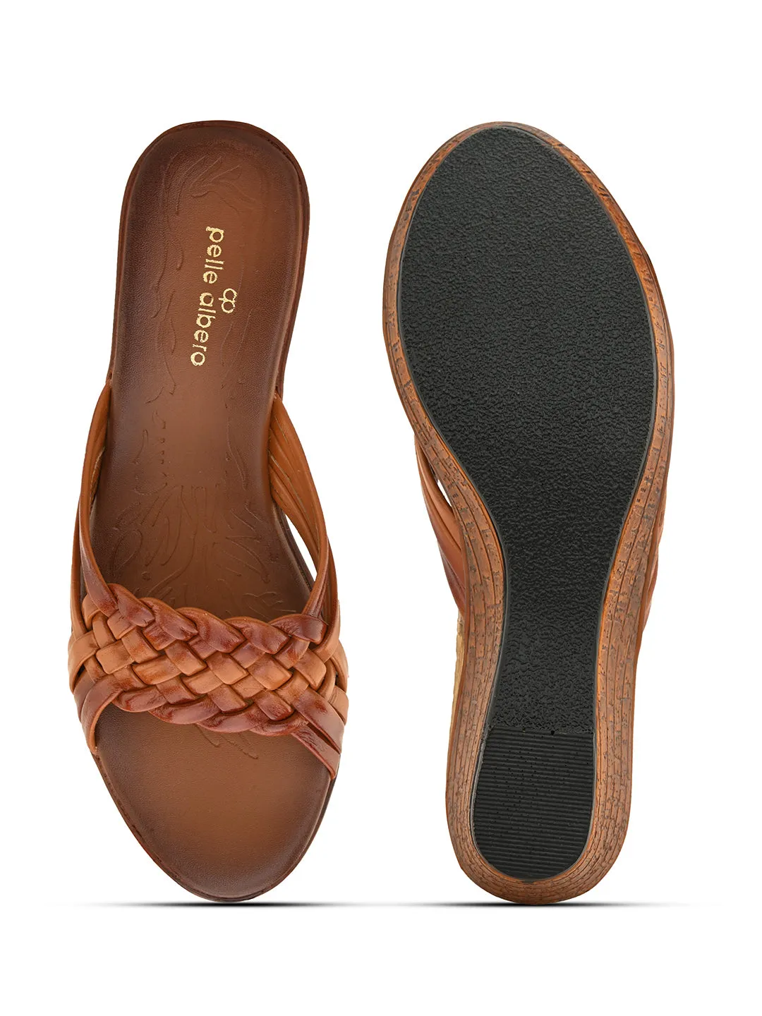 Pelle Albero Women's Tan Leather Slip-On Wedge Heel Sandals