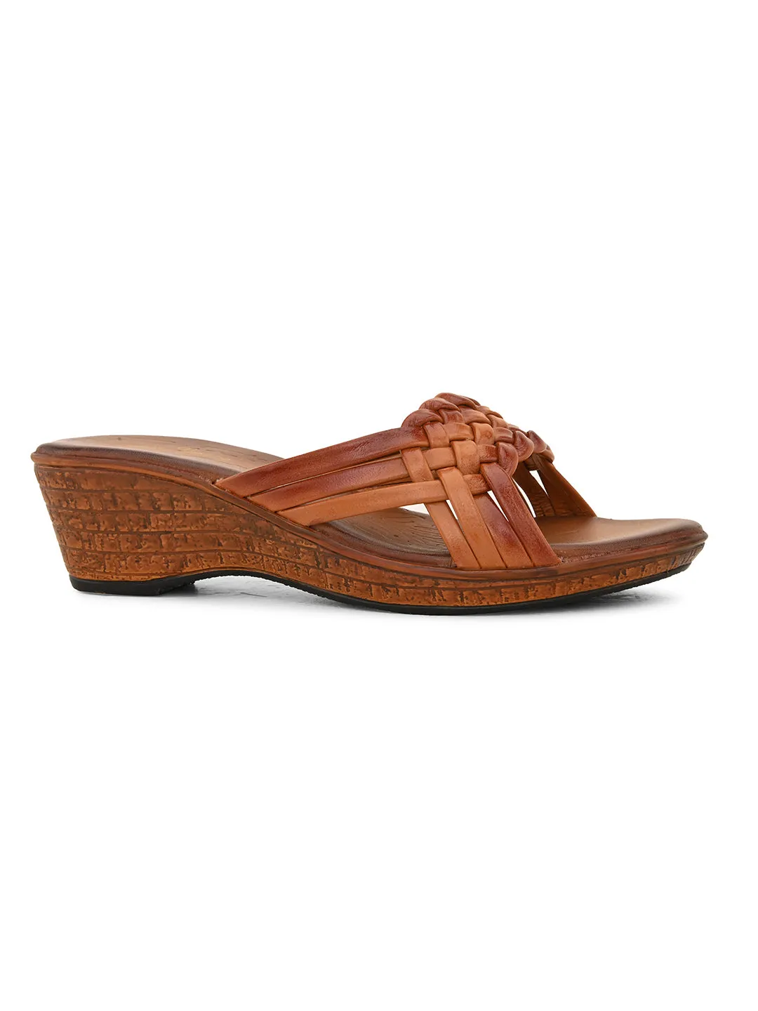 Pelle Albero Women's Tan Leather Slip-On Wedge Heel Sandals