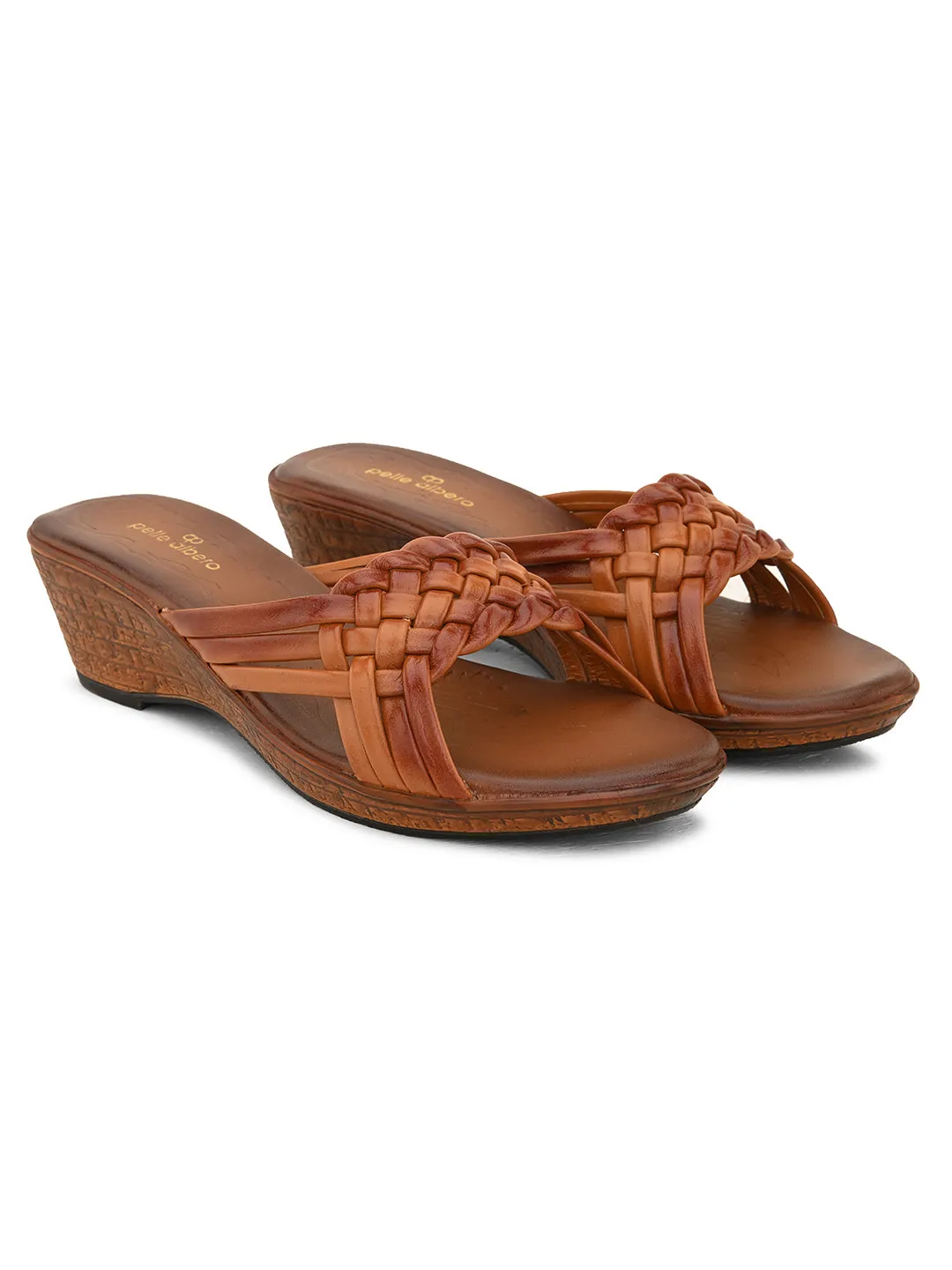 Pelle Albero Women's Tan Leather Slip-On Wedge Heel Sandals