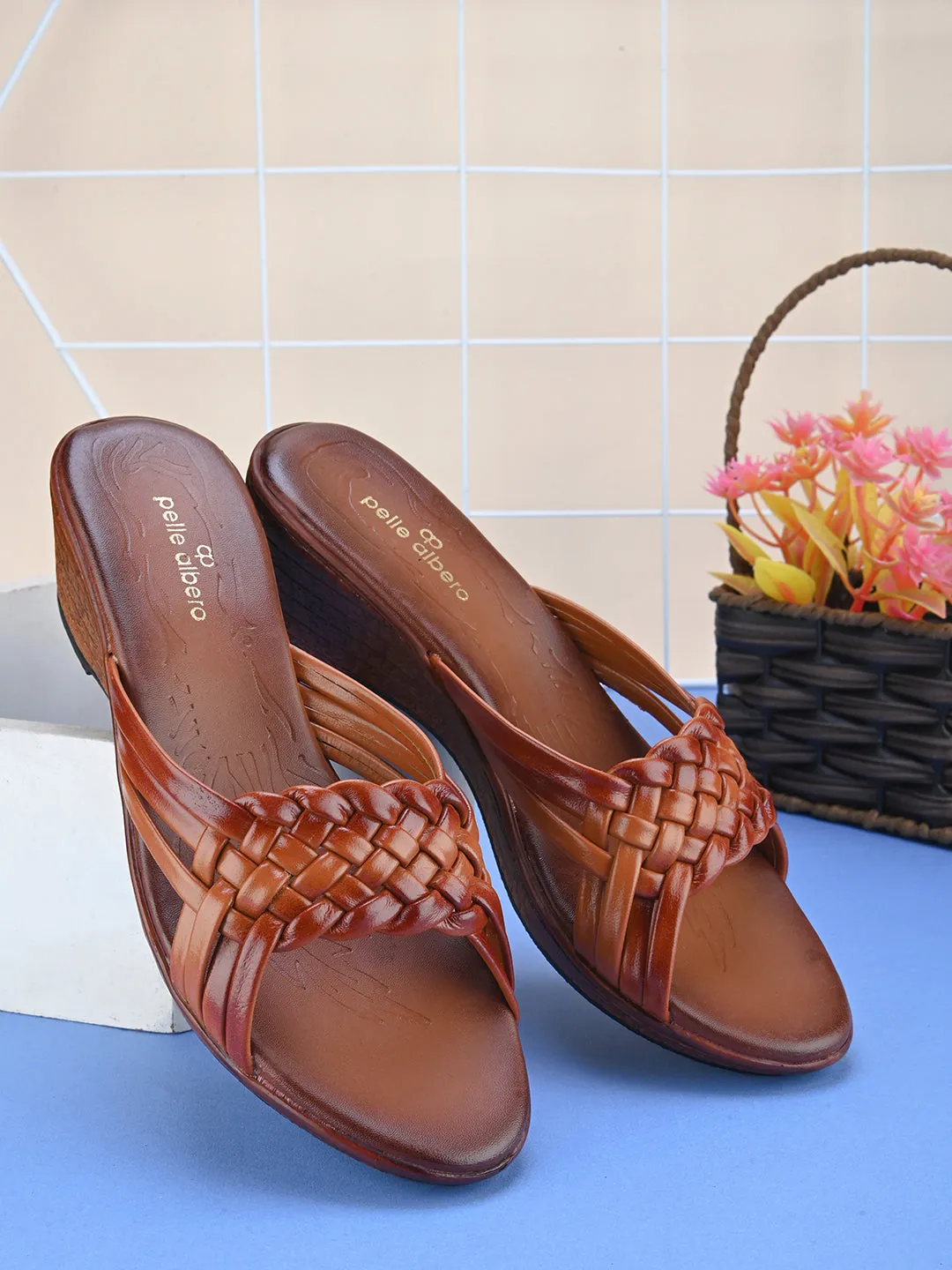 Pelle Albero Women's Tan Leather Slip-On Wedge Heel Sandals