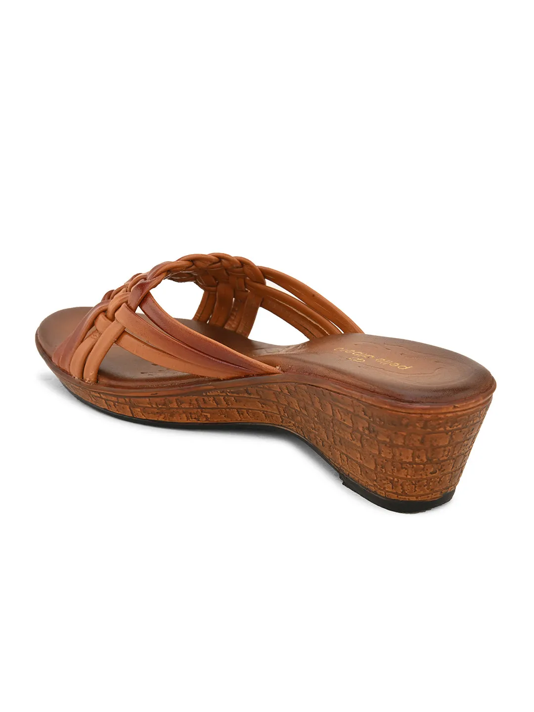 Pelle Albero Women's Tan Leather Slip-On Wedge Heel Sandals