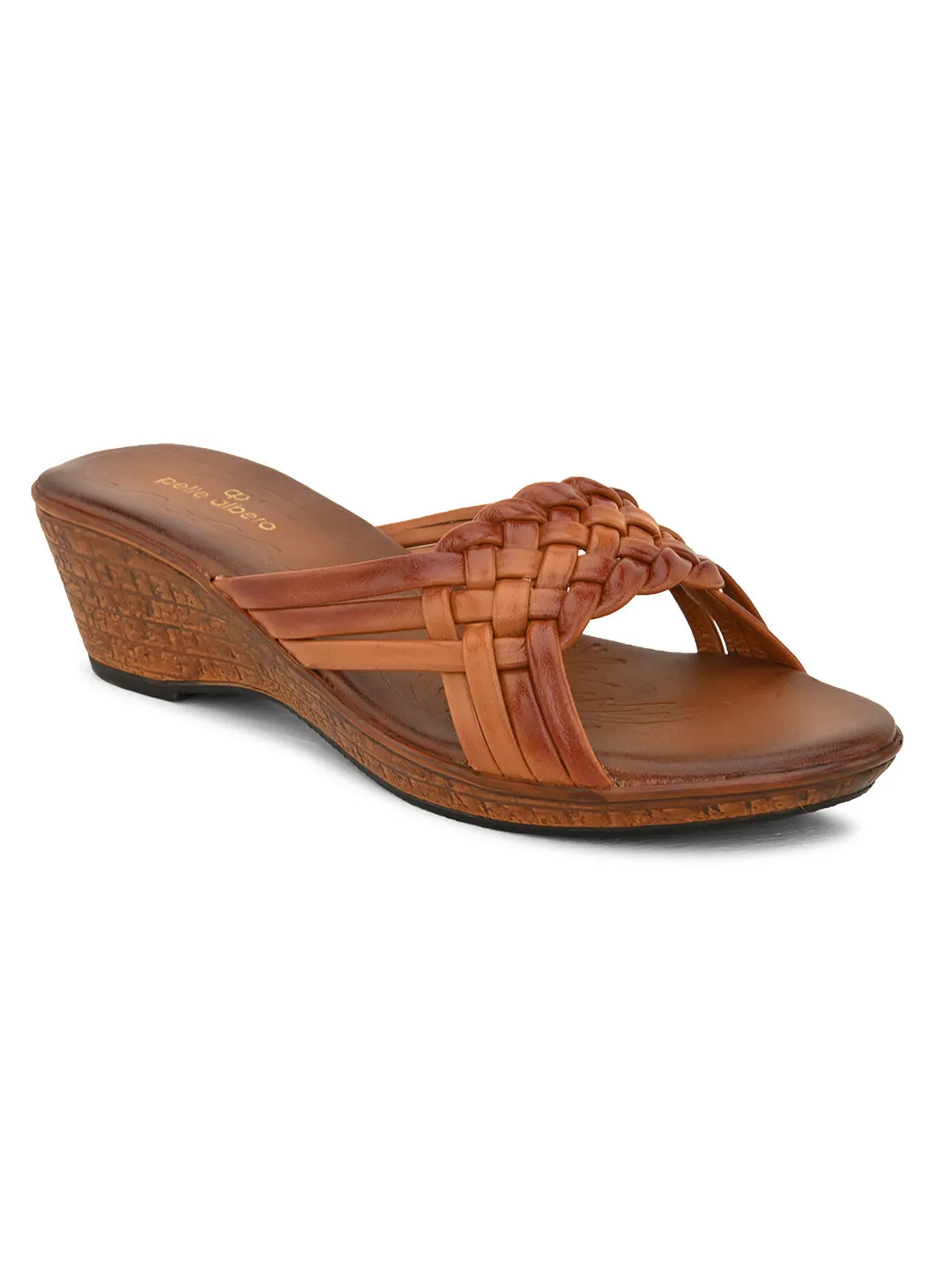Pelle Albero Women's Tan Leather Slip-On Wedge Heel Sandals