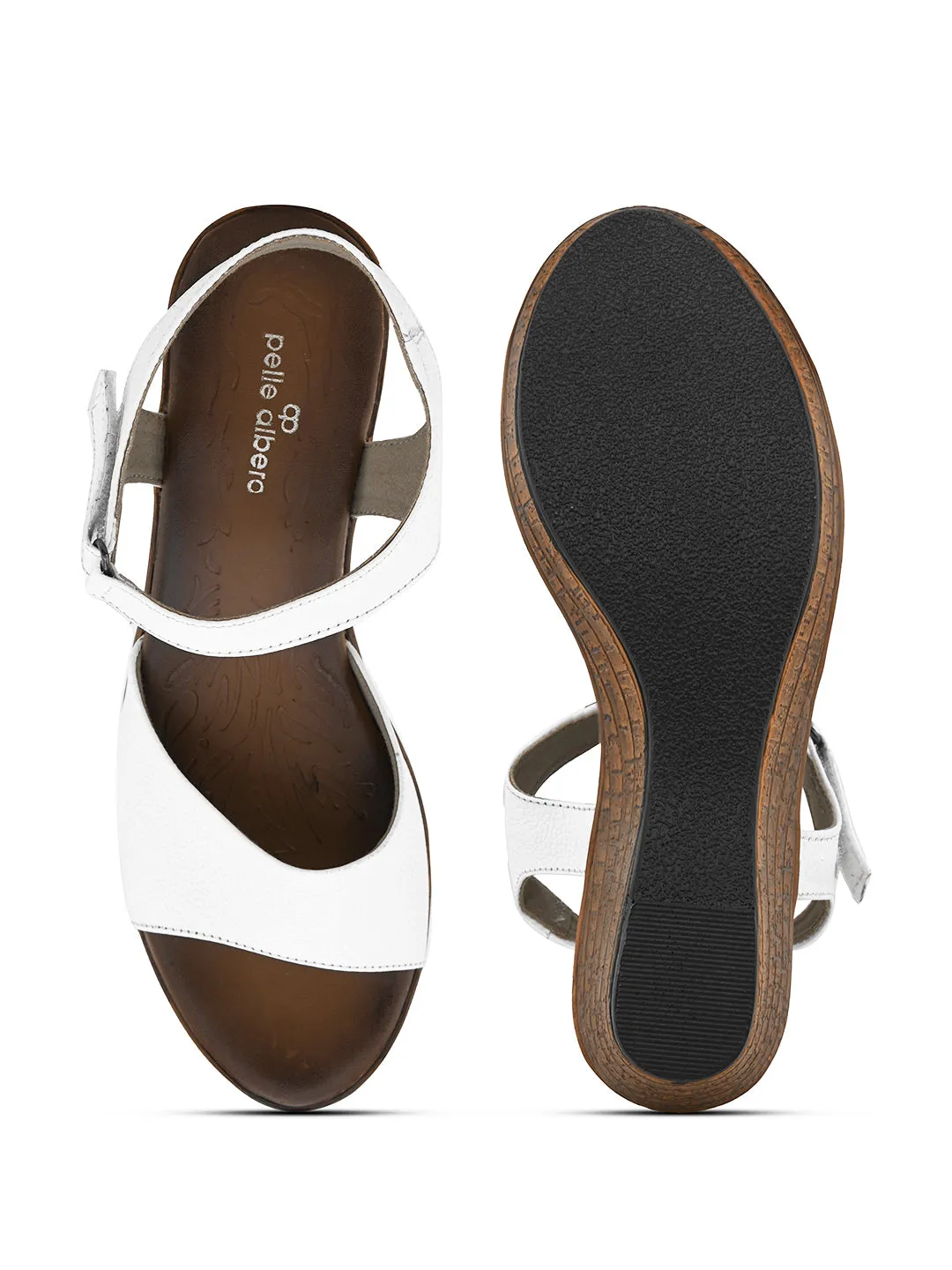 Pelle Albero Women's White Leather Ankle Buckle-Strap Wedge Heel Sandals