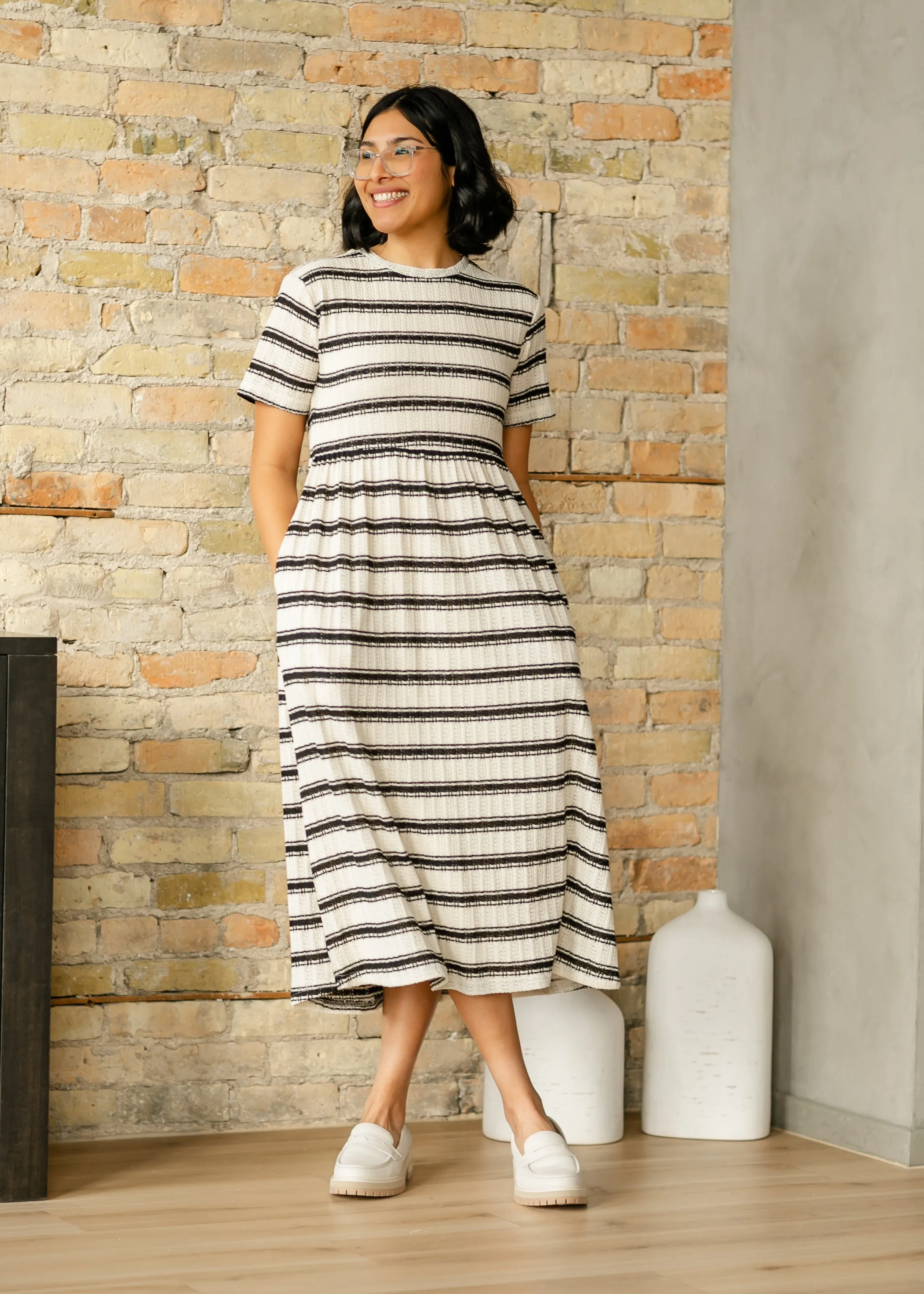 Striped Knit Crewneck Dress