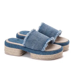 Wide Burlap Wedge Sandals - Denim