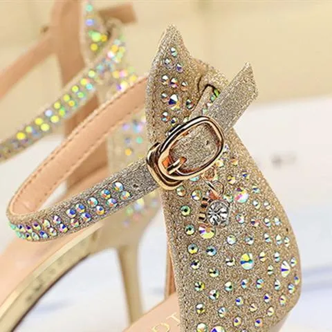 Women's rhinestone crystal high heels sandals ankle strap open toe stiletto heels prom sandals