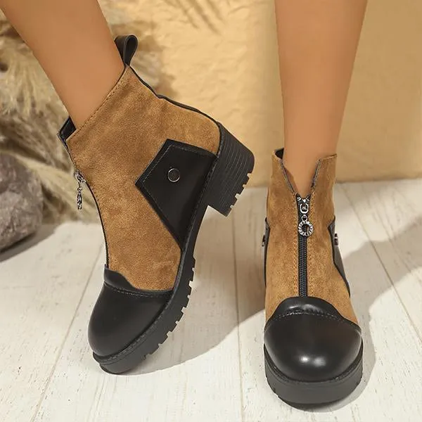 Women's Vintage Patchwork Front Zipper Ankle Boots 09857484S